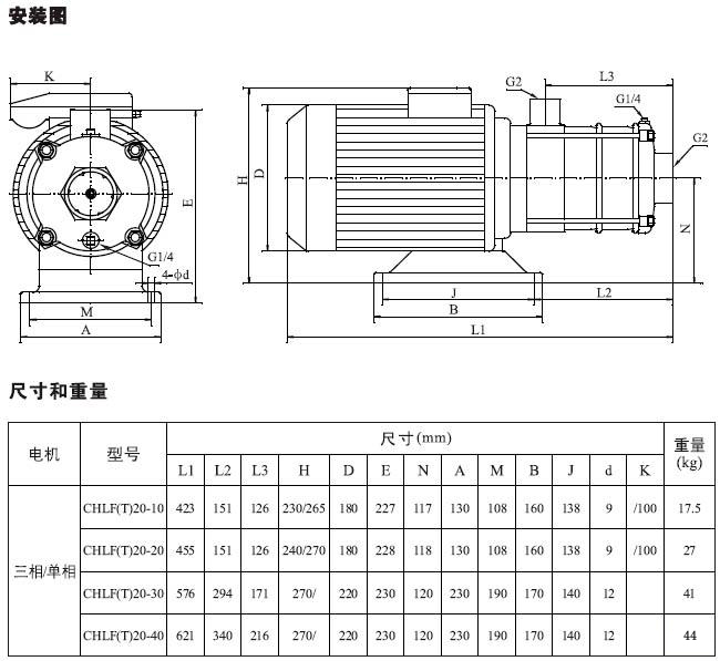 不銹鋼多級離心泵安裝圖、尺寸及重量