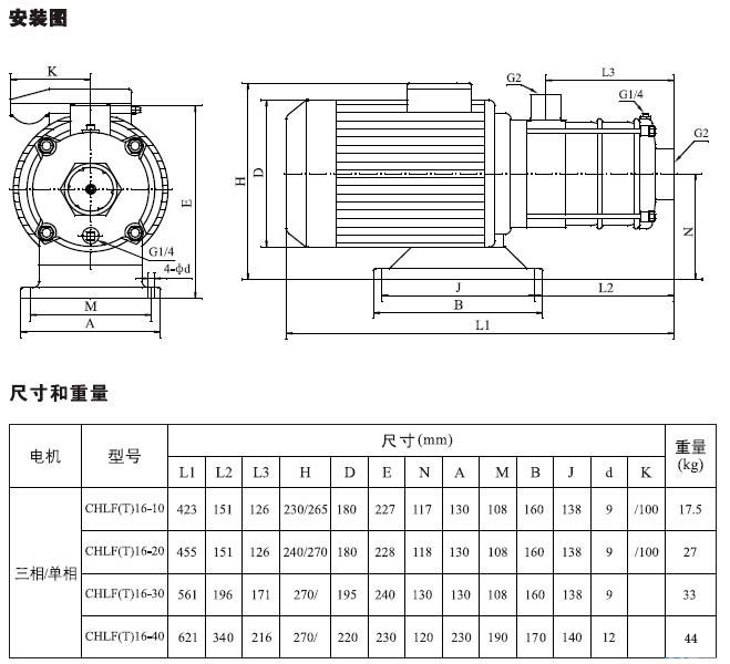 不銹鋼多級離心泵安裝圖、尺寸及重量