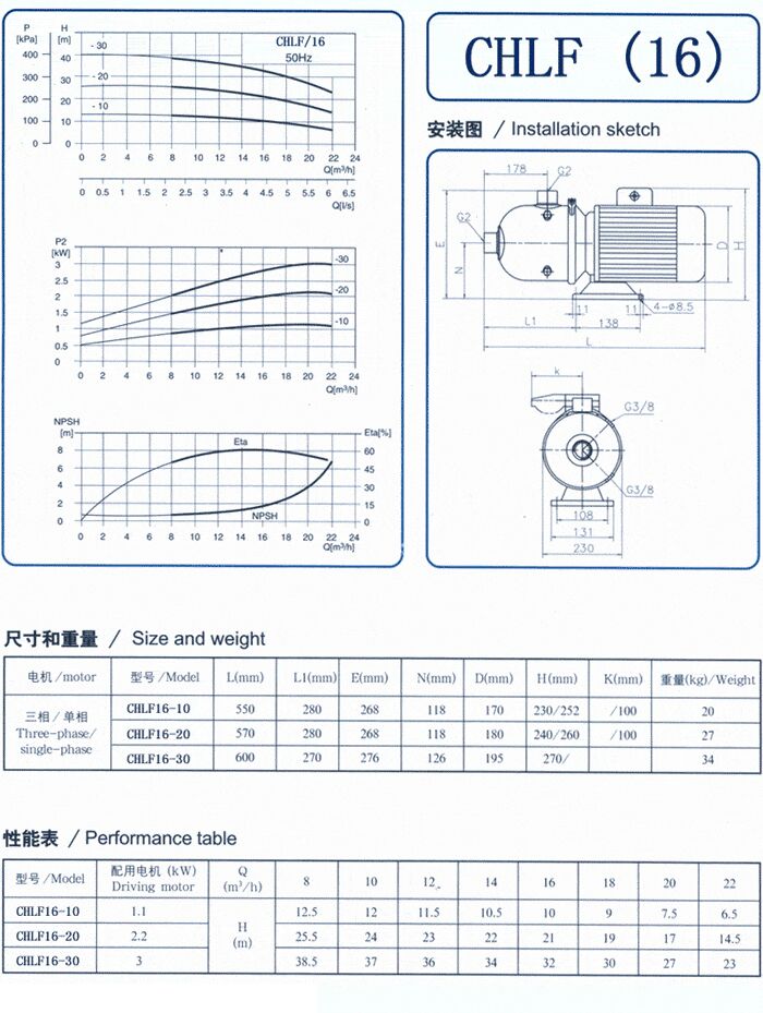 CHLF輕型不銹鋼多級(jí)離心泵尺寸和重量、性能表